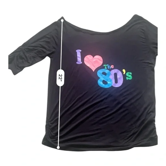 Vintage casual black top shirt L scooped neck line 3/4 ruched sleeve/hem graphic - Picture 5 of 12